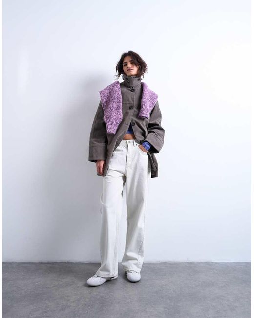 TOPSHOP Gray Faux-suede Short Car Coat With Neck Tab