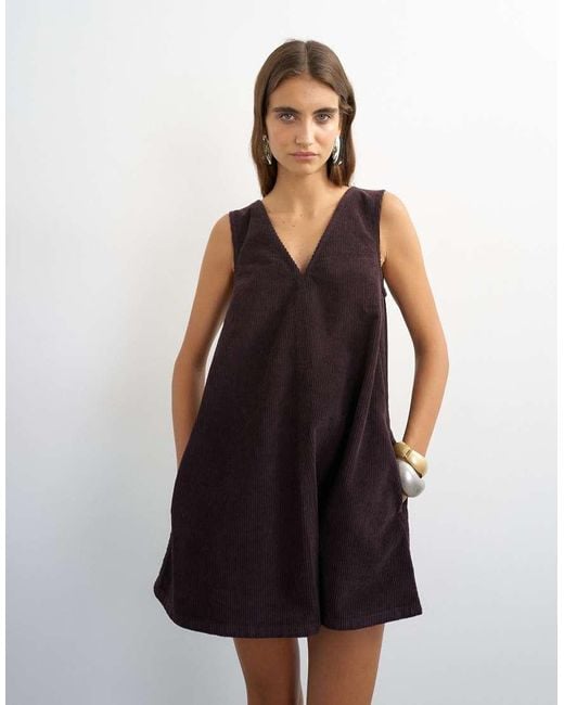 TOPSHOP White Denim Cord Pinny V Neck Mini Dress