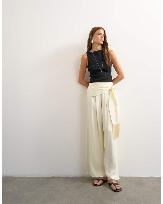 TOPSHOP White Satin Feel Wrap Co-Ord Trouser With Fringe Detail