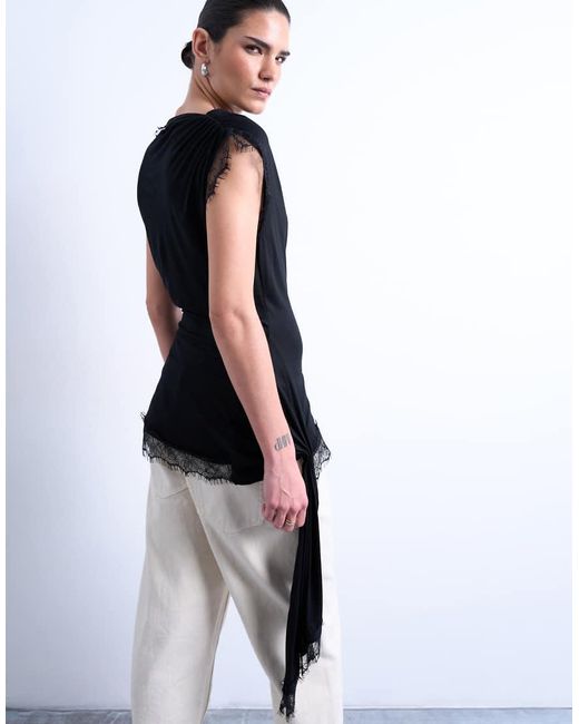 TOPSHOP White Cowl Neck Lace Trim Top