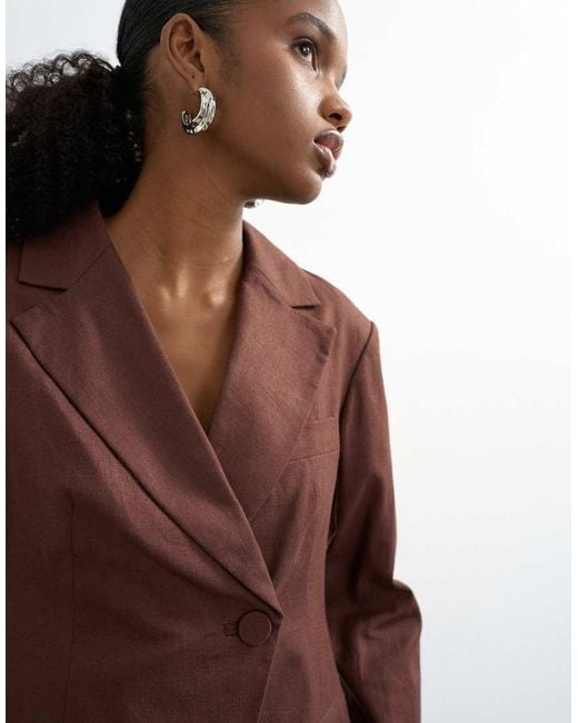 TOPSHOP Brown Linen Blend Co Ord Occasion Strong Shoulder Cinched Waist Blazer