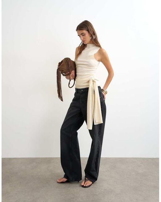 TOPSHOP Natural High Neck Top With Tie Detail