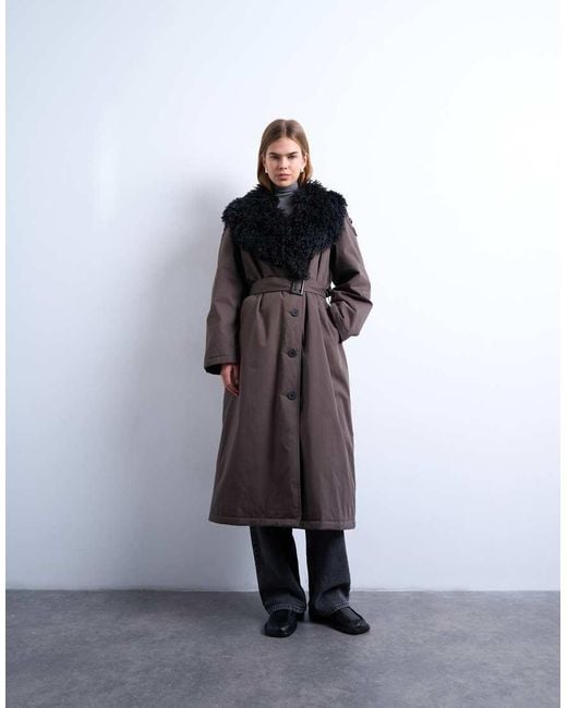 TOPSHOP Brown Faux Fur Collar Belted Mac