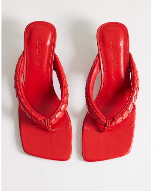TOPSHOP Red Emily Pin Mid Heel Woven Toe Thong Sandals