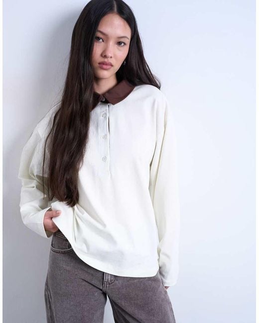 TOPSHOP White Rugby Long Sleeve Polo Top