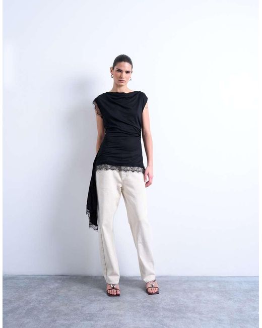 TOPSHOP White Cowl Neck Lace Trim Top
