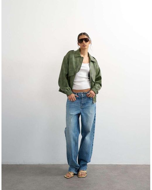 TOPSHOP Green Faux Leather Cropped Bomber Jacket With Patch Pocket