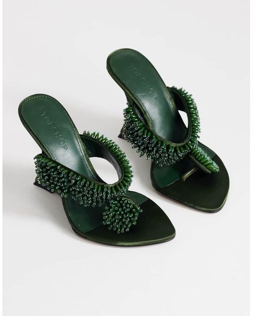 TOPSHOP Green Nico Wedge Mules With Embellishment
