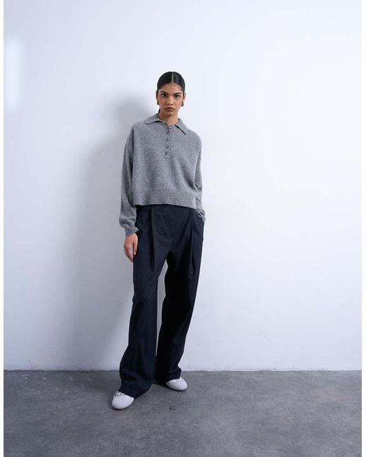 TOPSHOP Gray Knitted Premium 100% Lambswool Polo Jumper