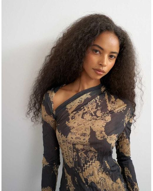 TOPSHOP Gray Crinkle Mesh Print Asymmetric Neck Long Sleeve Top