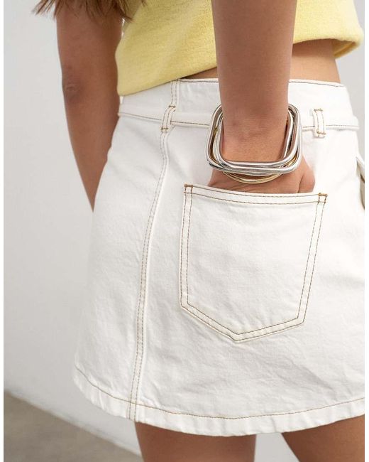 TOPSHOP White Denim Tie Dart Pelmet Mini Skirt