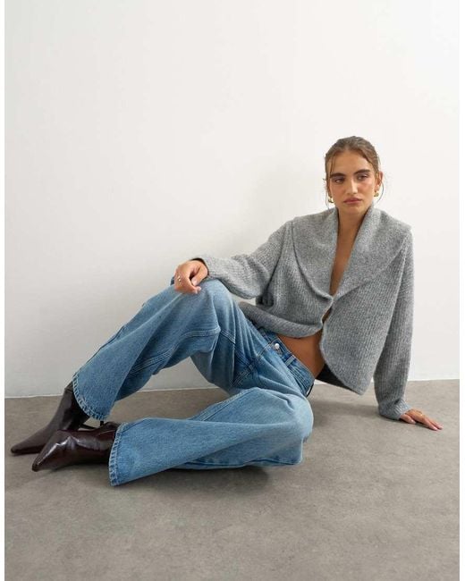 TOPSHOP Blue Knitted Shawl Collared Cardigan