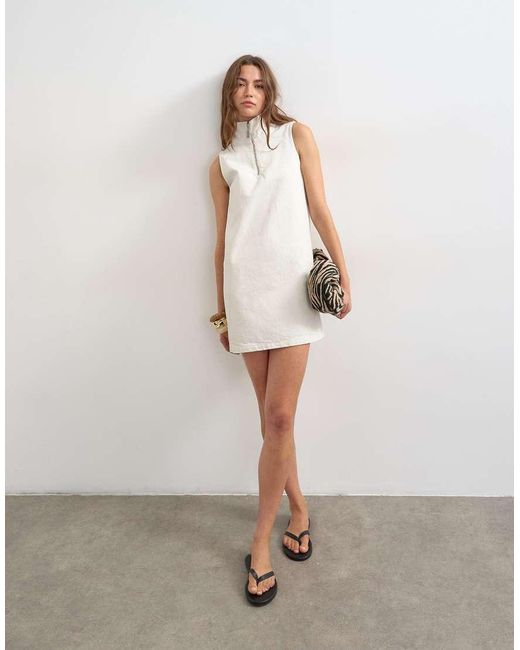 TOPSHOP White Denim Funnel Neck Pinny Dress