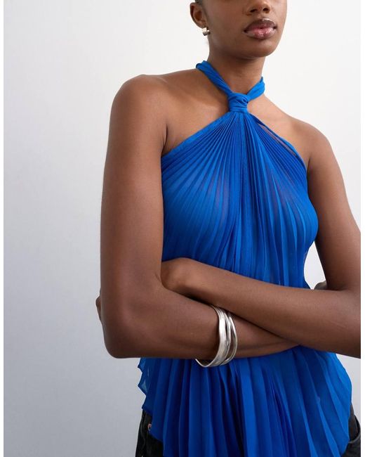 TOPSHOP Blue Knot Halter Top With Pleated Fabric