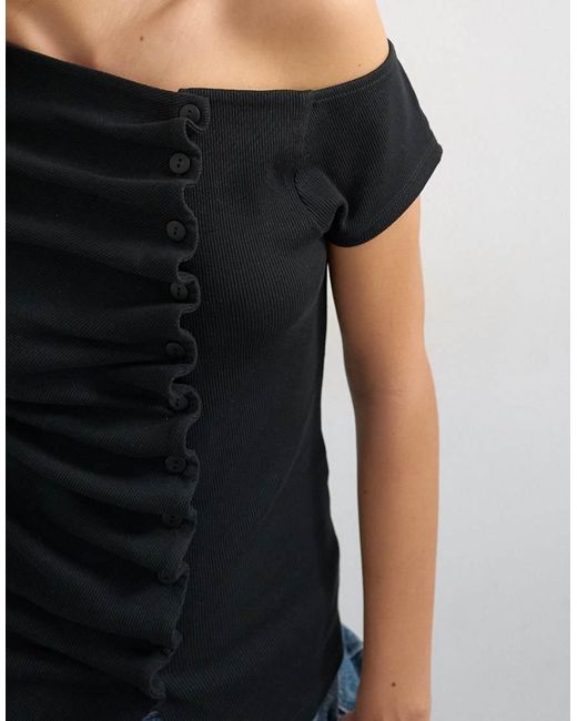 TOPSHOP Black Bardot Button Through Top