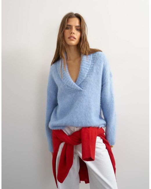 TOPSHOP Blue Knitted Premium Shawl Collar Jumper With Wool