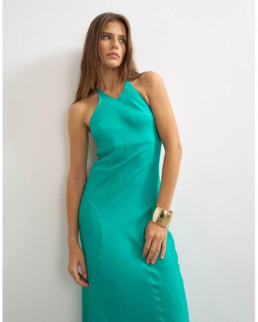 TOPSHOP Blue Satin Cut Away Racer Neck Full Skirt Maxi Dress