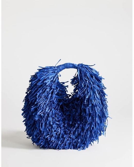 TOPSHOP Blue Milo Medium Straw Fringe Grab Bag