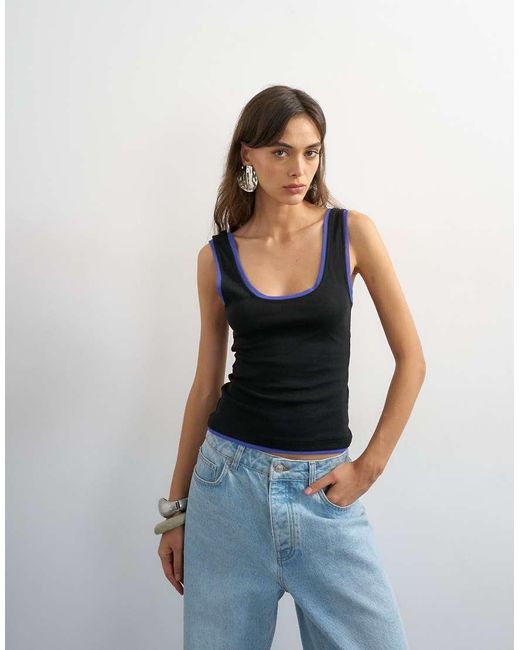 TOPSHOP Black Scoop Vest With Contrast Mesh Tipping