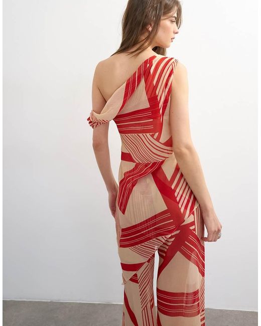 TOPSHOP Red Sheer Stripe Print Off Shoulder Top Co-Ord