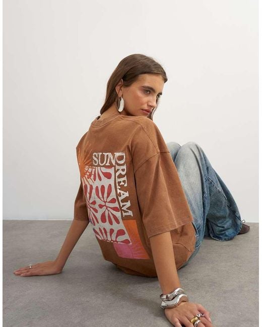 TOPSHOP Brown 'Sundream' Graphic Embroidered Detail Oversized T-Shirt