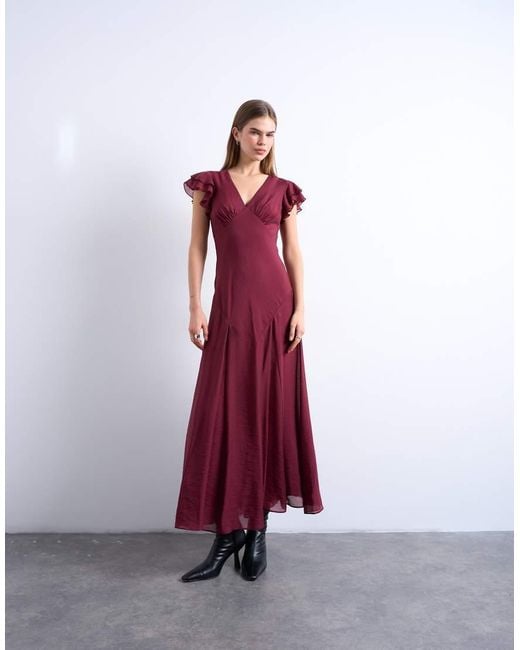 TOPSHOP Red Flutter Sleeve V-neck Midi Dress