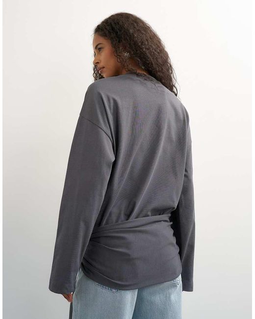 TOPSHOP Gray Long Sleeve Tie Waist Detail Top