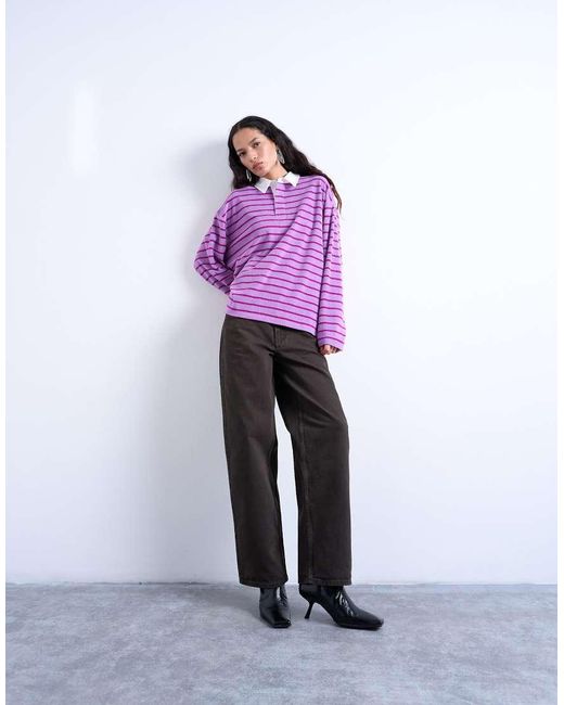 TOPSHOP Purple Towelling Stripe Oversized Long Sleeve Polo