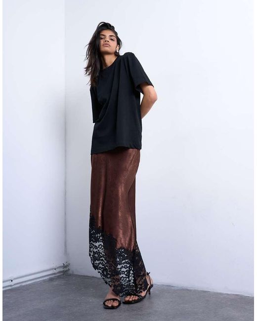 TOPSHOP Brown Satin Asymmetric Lace Hem Maxi Skirt