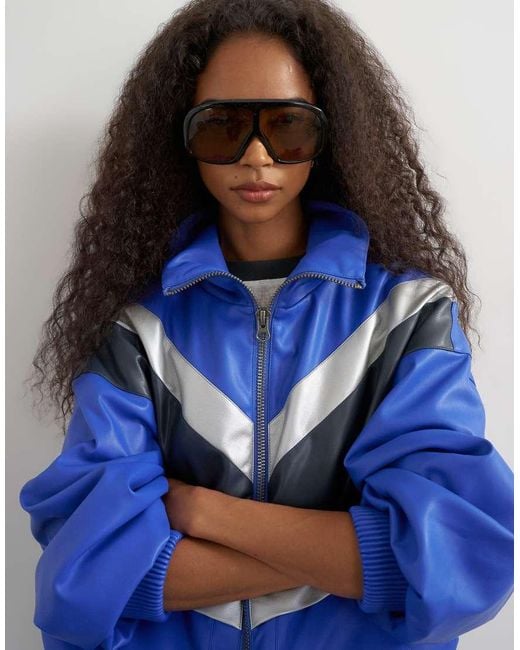 TOPSHOP Blue Colour Block Leather Look Track Jacket