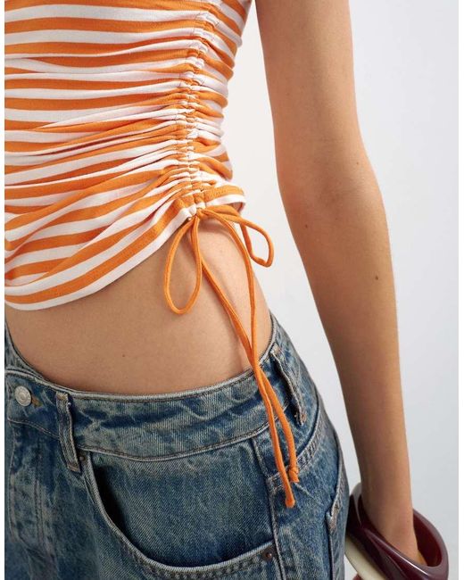 TOPSHOP Brown Stripe Ruched Drawcord Tank
