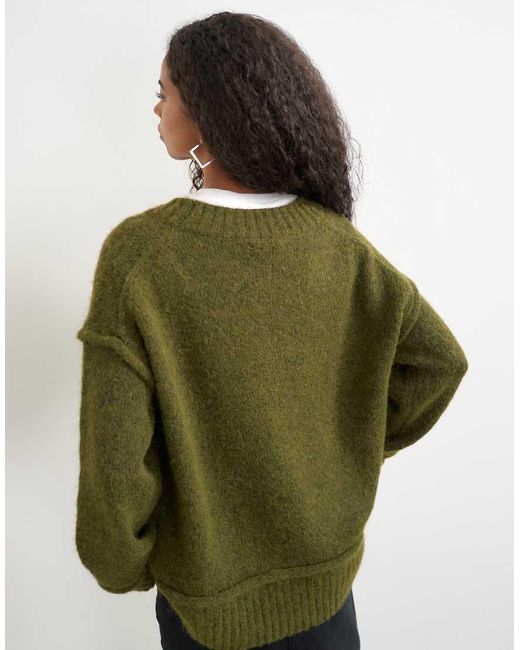 TOPSHOP Green Knitted Deep V Neck Jumper With Wool