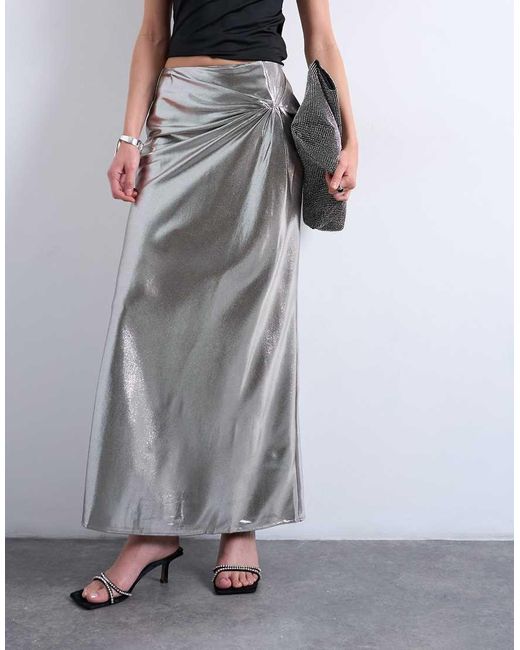 TOPSHOP White Metallic Knot Midi Skirt