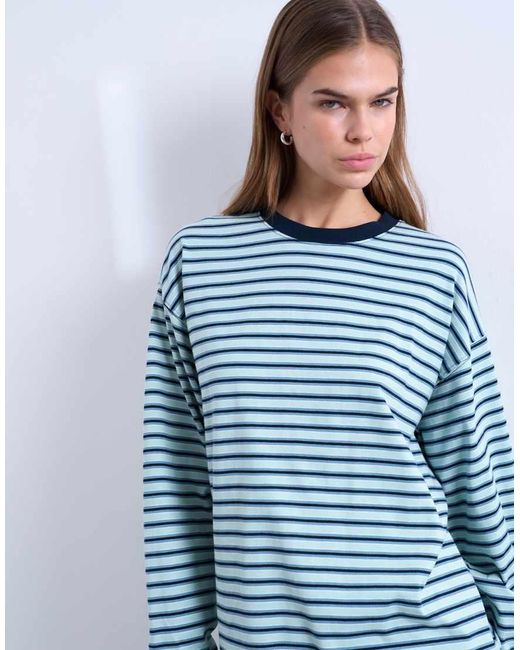 TOPSHOP Blue Striped Long Sleeve Slouchy Skater Tee