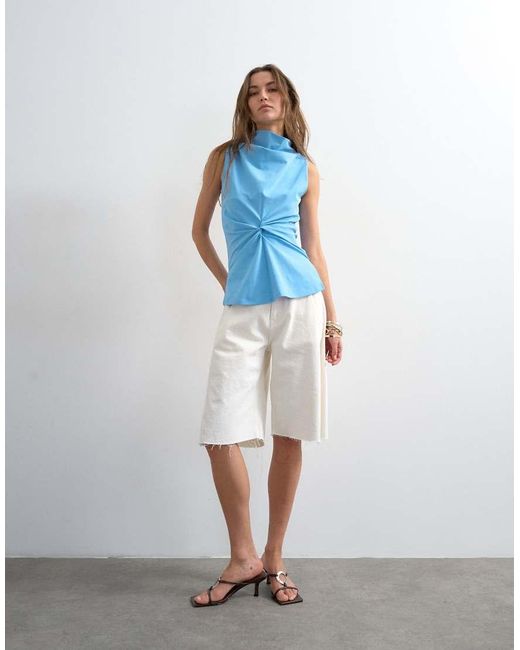 TOPSHOP Blue Formal Twist Front Funnel Neck Cowl Top