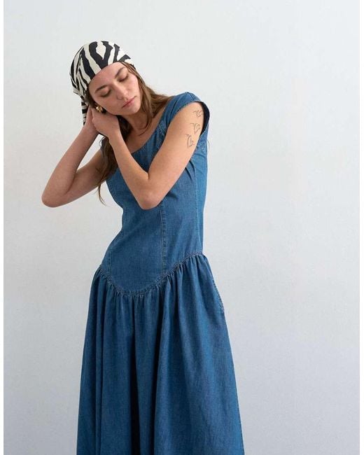 TOPSHOP Blue Denim Drop Waist Midi Dress