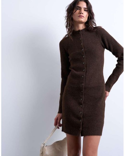 TOPSHOP Brown Knitted Crew Neck Button Through Mini Dress