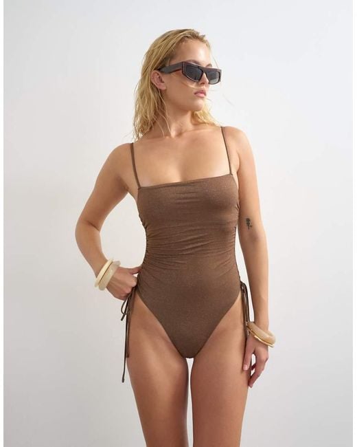 TOPSHOP Brown Chloe Swimsuit With Ruched Sides