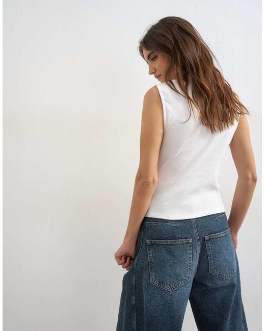 TOPSHOP White Asymmetric Button Detail Short Sleeve Top