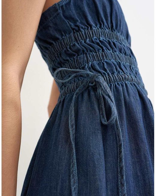 TOPSHOP Blue Denim Shirred Maxi Dress With Straps