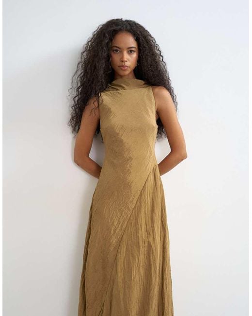 TOPSHOP Natural Crinkle Tuck Side Twist Shoulder Bubble Hem Maxi Dress