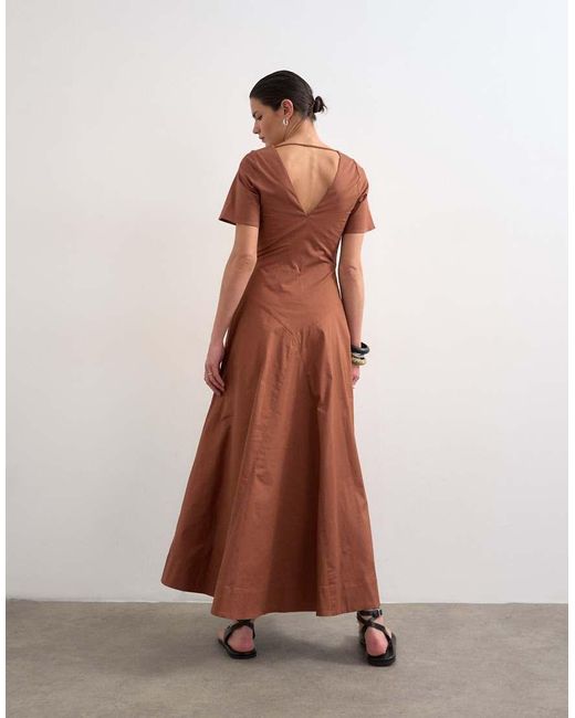 TOPSHOP Brown V Neck Heavy Seamed Midi Dress