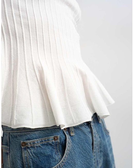 TOPSHOP White Knitted Grown On Short Sleeve Peplum Top