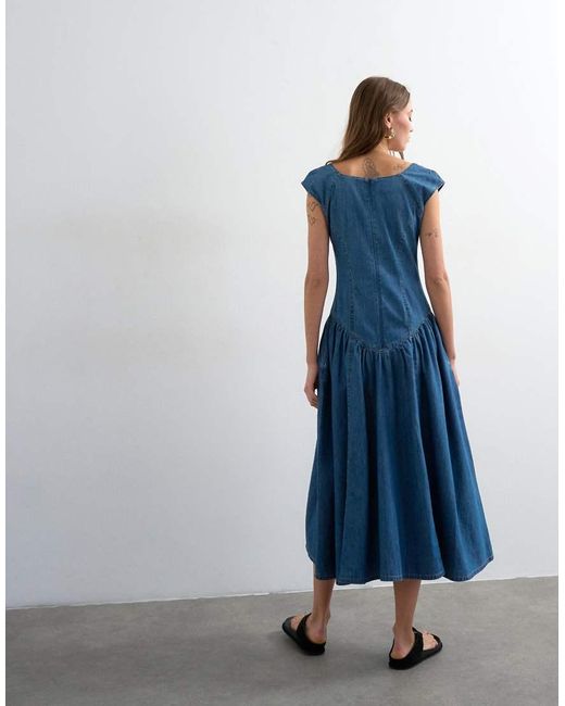 TOPSHOP Blue Denim Drop Waist Midi Dress
