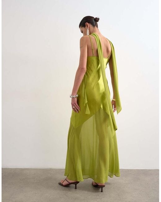 TOPSHOP Green Mixed Fabric Ruffle Detail Maxi Slip Dress