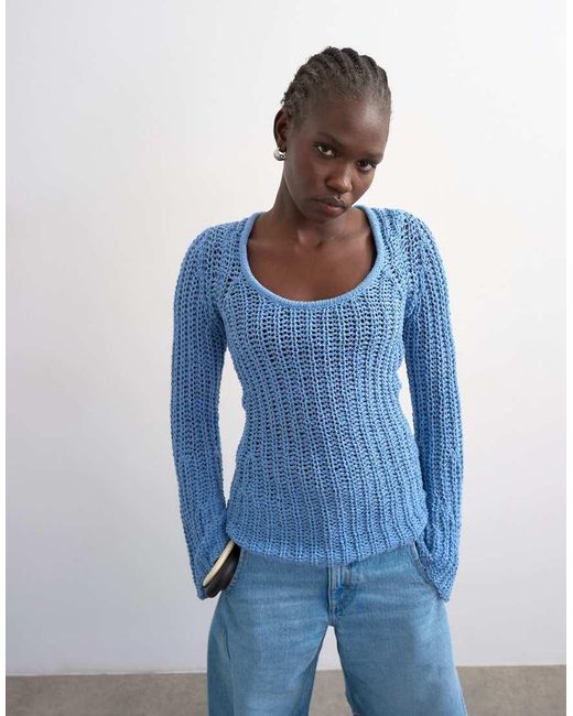 TOPSHOP Blue Knit Open Stitch Long Sleeve Top