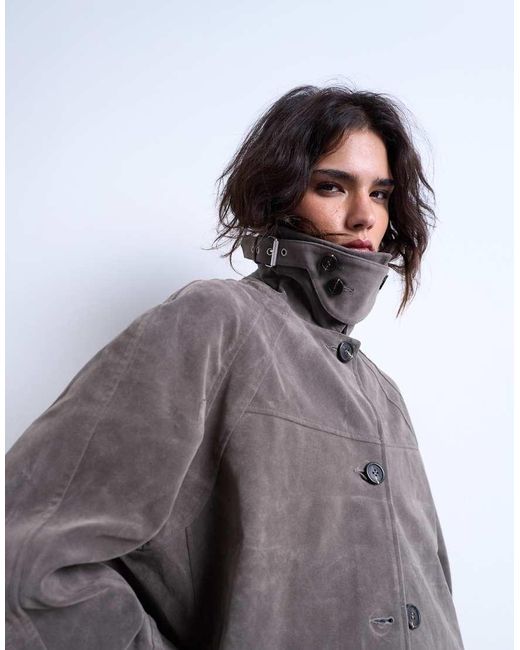 TOPSHOP Gray Faux-suede Short Car Coat With Neck Tab