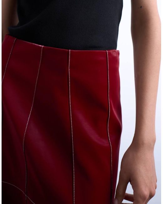 TOPSHOP Red Dropwaist Contrast Stitched Pu Maxi Skirt