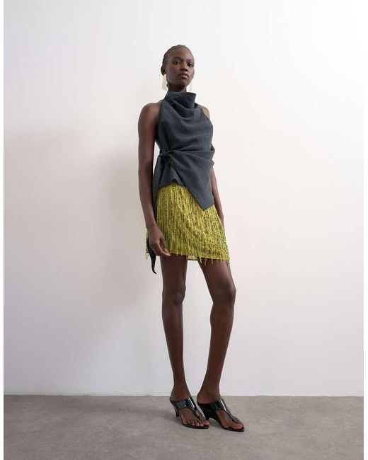 TOPSHOP Green Heavy Beaded Mini Skirt