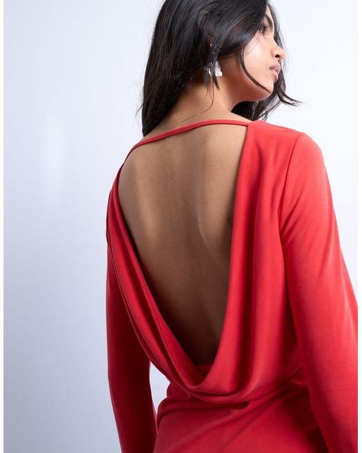 TOPSHOP Red Cupro Long Sleeve Cowl Back Mini Dress